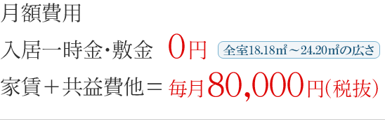 入居一時金・敷金 0円/家賃+共益費他=毎月80,800円 入居一時金・敷金 0円/家賃+共益費他=毎月80,800円