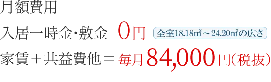 入居一時金・敷金　0円/家賃＋共益費他＝毎月90,000円